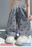 Elastic Waist Bow Pattern Plaid Pants