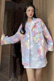 pink tie dye denim jacket, women denim jacket trendy, y2k denim outfit, colorful denim jacket, streetwear jacket women, aesthetic outfit jacket, soft girl fashion denim, statement denim jacket