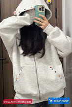 Cute Retro Pattern Embroidered Zipper Hooded Sweater