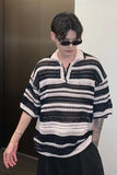 Turn Down Collar Striped Hollow Out Knitted Shirt