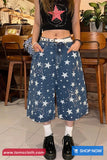 Loose Full Stars Pattern Knee Length Blue Jeans Pants