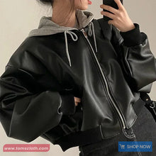 Loose Grey Hooded Leather Cropped Jacket