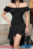 Sexy Off Shoulder Mid Length Ruffled Black Dress