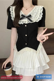 Short Sleeve Vintage Cute Bow Lace Patchwork Elegant Slim Shirt