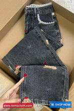 High Waist Lace Patchwork Cute Puppy Embroidered Jeans Pants