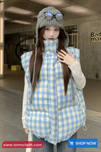 Loose Stand Collar Sleeveless Blue Plaid Vest Parkas Jacket