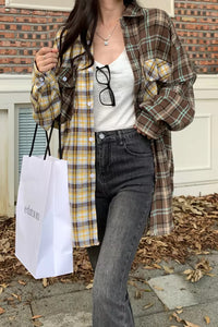 Loose Long Sleeve Plaid Colors Combination Blouse Shirt