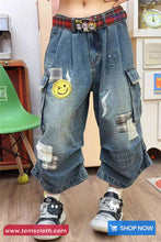 Loose Smile Emoji Patch Calf Length Cargo Denim Pants