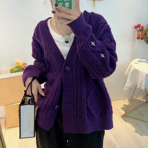 Stars Embroidered Retro Knitted Purple Sweater