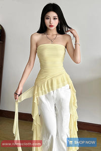 Sexy Off Shoulder Asymmetrical Ruffled Crop Tops