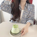 Long Sleeve Cute Blue Floral Blouse Shirt
