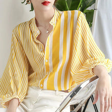 Long Sleeve Yellow Striped Elegant Office Blouse Shirt