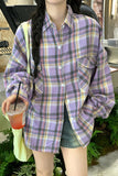 Long Sleeve Retro Purple Colors Plaid Blouse Shirt