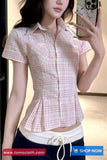 Short Sleeve Retro Pink Plaid Cropped Blouse Shirt