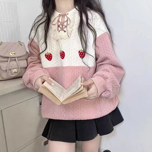 Loose Strawberry Embroidered Knitted Sweater