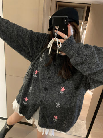 Long Sleeve Flower Embroidered Grey Cardigan Sweater
