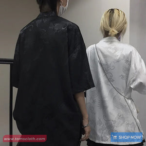 Short Sleeve Dragon Pattern Chinese Style Blouse Shirt