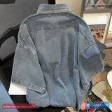 Short Sleeve Beach Pattern Denim Blouse Shirt