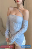 Long Sleeve Sling Halter Off Shoulder Cropped Shirts