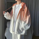Hooded Gradient Colors Drawstring Zipper Jacket