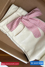 High Waist Bow Pink Plaid Patchwork Beige Jeans Pants