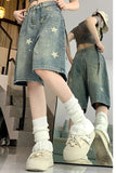 High Waist Stars Pattern Washed Denim Shorts
