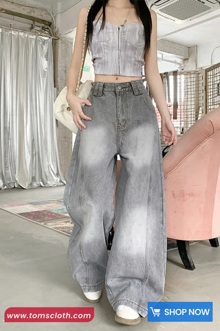 High Waist Vintage Washed Grey Jeans Pants