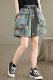 Double Pockets Cute Floral Pattern Denim Shorts
