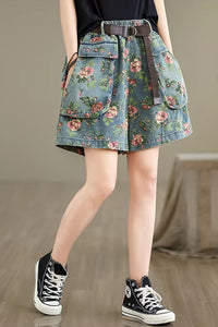 Double Pockets Cute Floral Pattern Denim Shorts