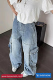 High Waist Retro Loose Cargo Pockets Jeans Pants