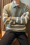 Long Sleeve Lapel Collar Knitted Stripe Sweater