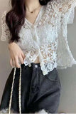 Short Sleeve V-Neck Knitted Embroidered Crochet Shirt