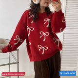 Long Sleeve Cute Bow Pattern O-Neck Sweater