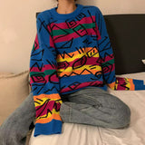 Long Sleeve Retro Striped Graffiti Pattern O-Neck Sweater