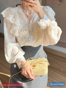 Long Sleeve Retro Elegant Lace Flounce Blouse Shirt