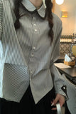 Long Sleeve Turn Down Collar Retro Striped Blouse Shirt