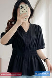 Short Sleeve V-Neck Elastic Blouse Shirt