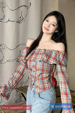 Long Sleeve Ruffles Off Shoulder Plaid Blouse Shirt