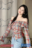 Long Sleeve Ruffles Off Shoulder Plaid Blouse Shirt