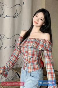 Long Sleeve Ruffles Off Shoulder Plaid Blouse Shirt