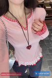 Long Sleeve Plaid Pattern Lace Trim Pink Shirt