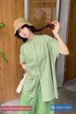 Short Sleeve Retro Green Striped O-Neck Blouse Shirt