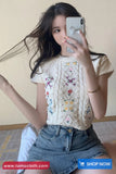 O-Neck Flower Embroidered Knitted Cropped Slim Shirt