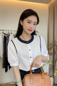 Short Sleeve O-Neck Retro Blouse Shirt