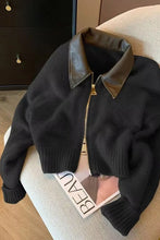 Long Sleeve Zipper Leather Collar Knitted Sweater