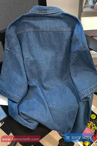 Casual Cute Bear Embroidered Loose Denim Blouse Shirt