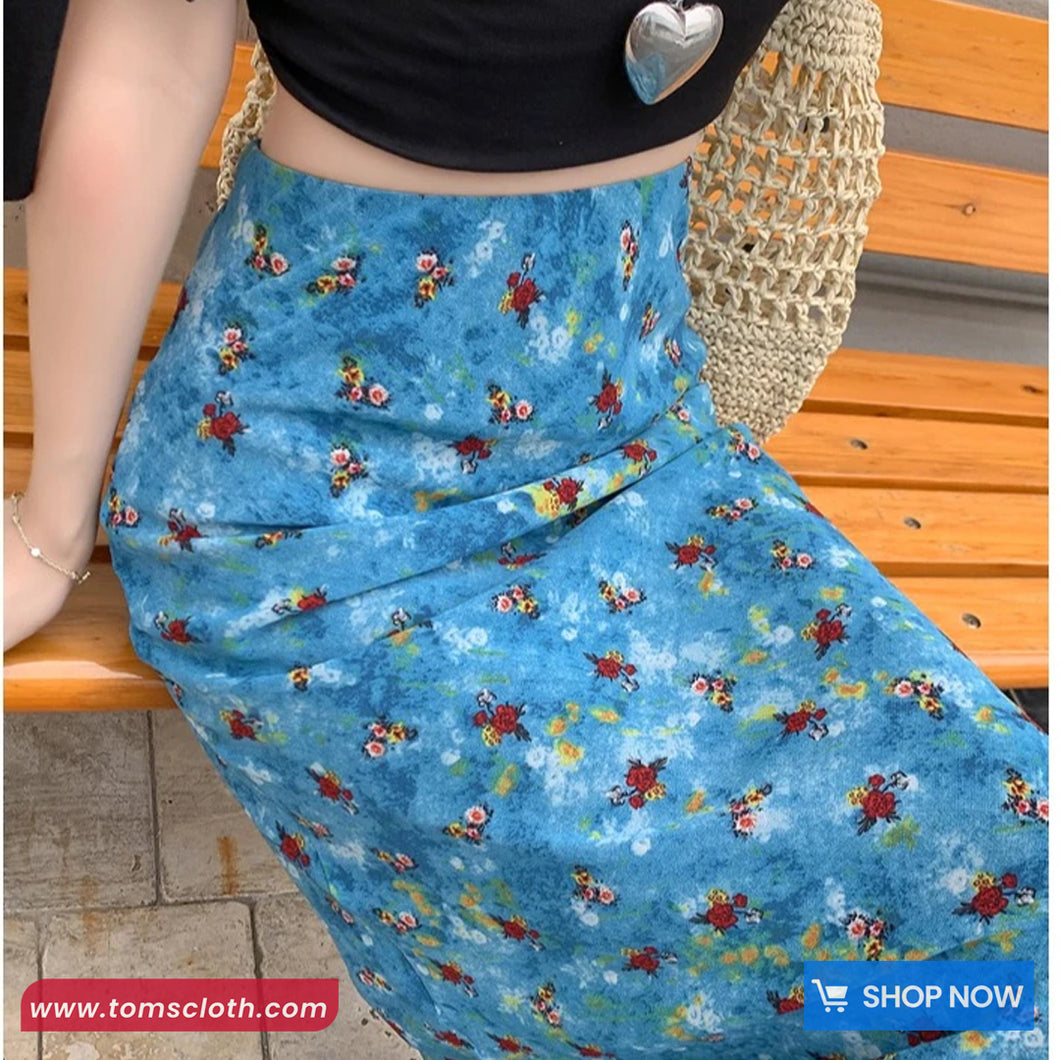 High Waist Blue Floral Pattern Mermaid Long Skirts