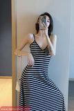Sexy V-Neck Backless Retro Long Striped Dress