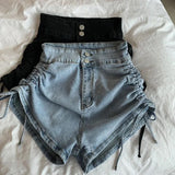 High Waist Side Wrinkled Denim Shorts