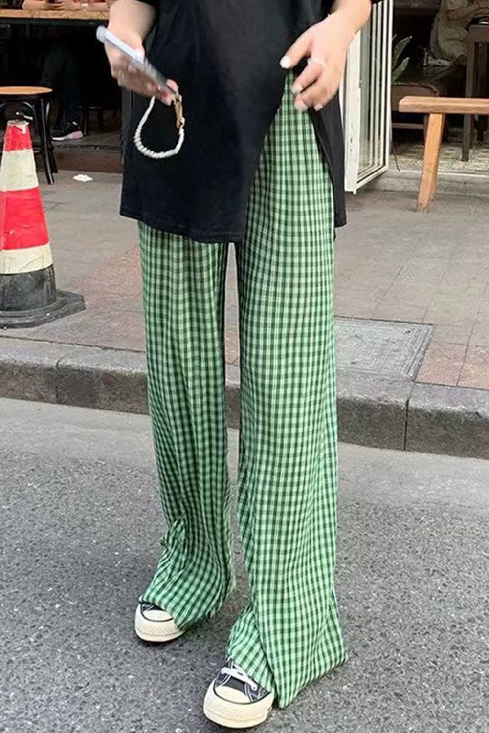 Loose Casual Green Plaid Long Pants